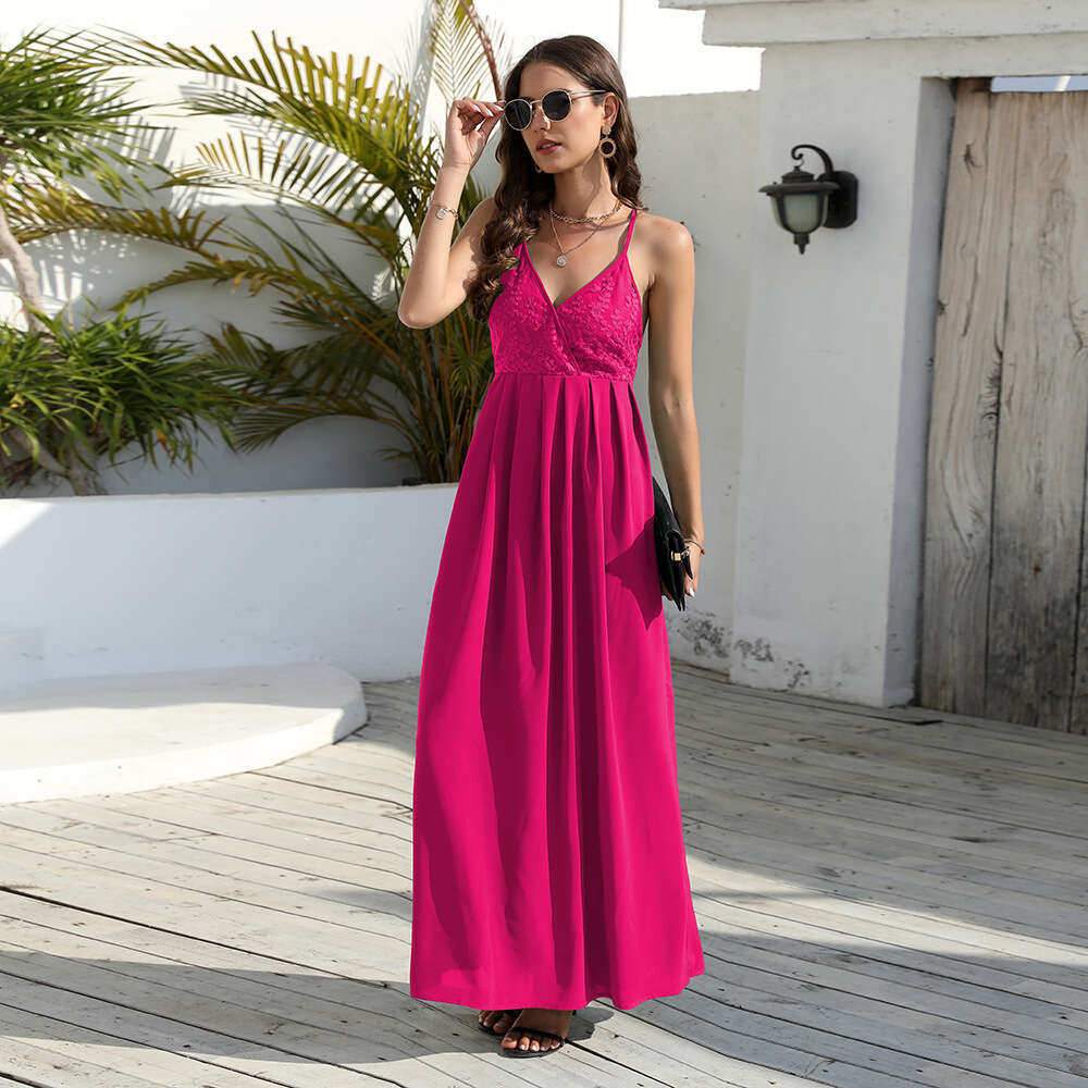 2024 Summer Lace Cross Strap Women's New Slim Fit Style Long Dress