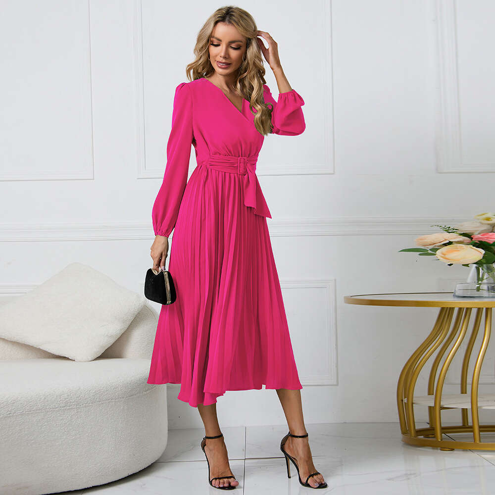 2024 Women's New Long Sleeve Slim Fit Pleated Belt V-neck A-line Dress