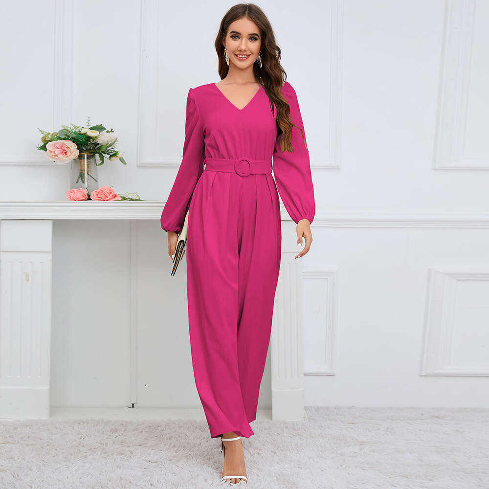 Casual Solid V-neck Sleeves Slim Fit Straight Tube Long Pants One Piece Waistband New Style