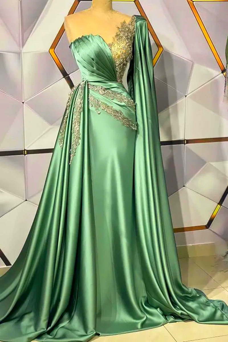 Elegant Arabic One Shoulder Formal Evening Dresses Cape Sleeve Peplum Pleats Mermaid Prom Dress For Women Beaded Appliques Satin Long Special Occasion