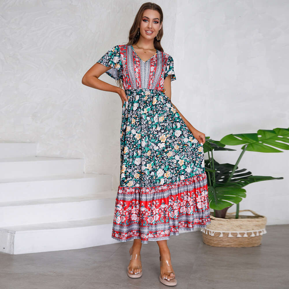 Women's 2024 Summer New V-neck Ruffle Sleeve Floral Print Long Dress