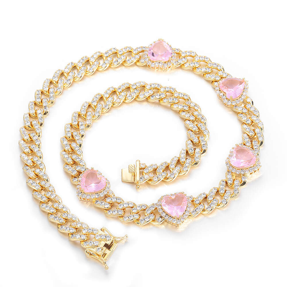 10mm Pink Zircon Jewelry for Men Hip Hop Cuban Chain Peach Heart Women's Necklace