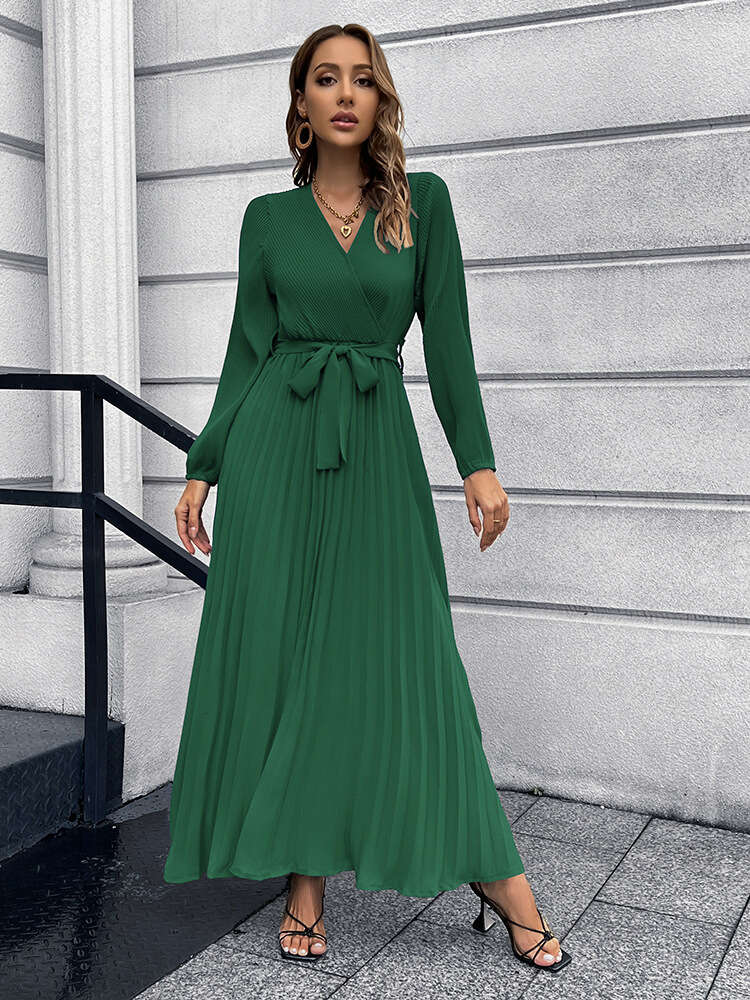 2024 Autumn/winter Women's New V-neck Long Sleeve Pleated A-line Mid Length Dress
