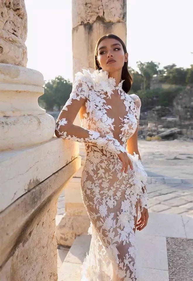 Mermaid Wedding Arabia Berta High Collar Side Slit Illusion Lace Appliques Long Sleeve Sweep Train Boho Bridal Gown Dress
