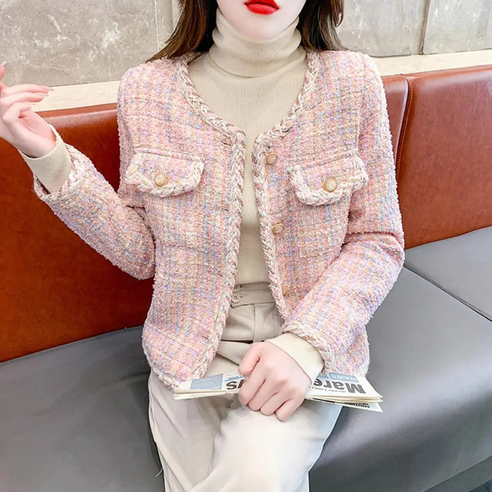 Women Fall Winter Coat Singlebreasted Thick Warm Long Sleeves Plaid Tweed Lady Spring Jacket Outwear 240307