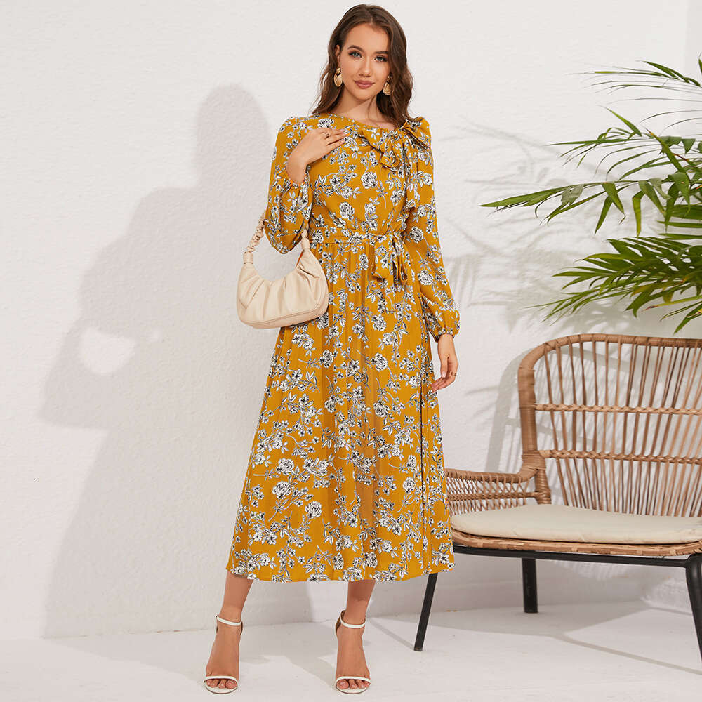 2024 Autumn New Women's Mid Length Pleated Long Sleeve Fragmented Flower Bow Tie Dress