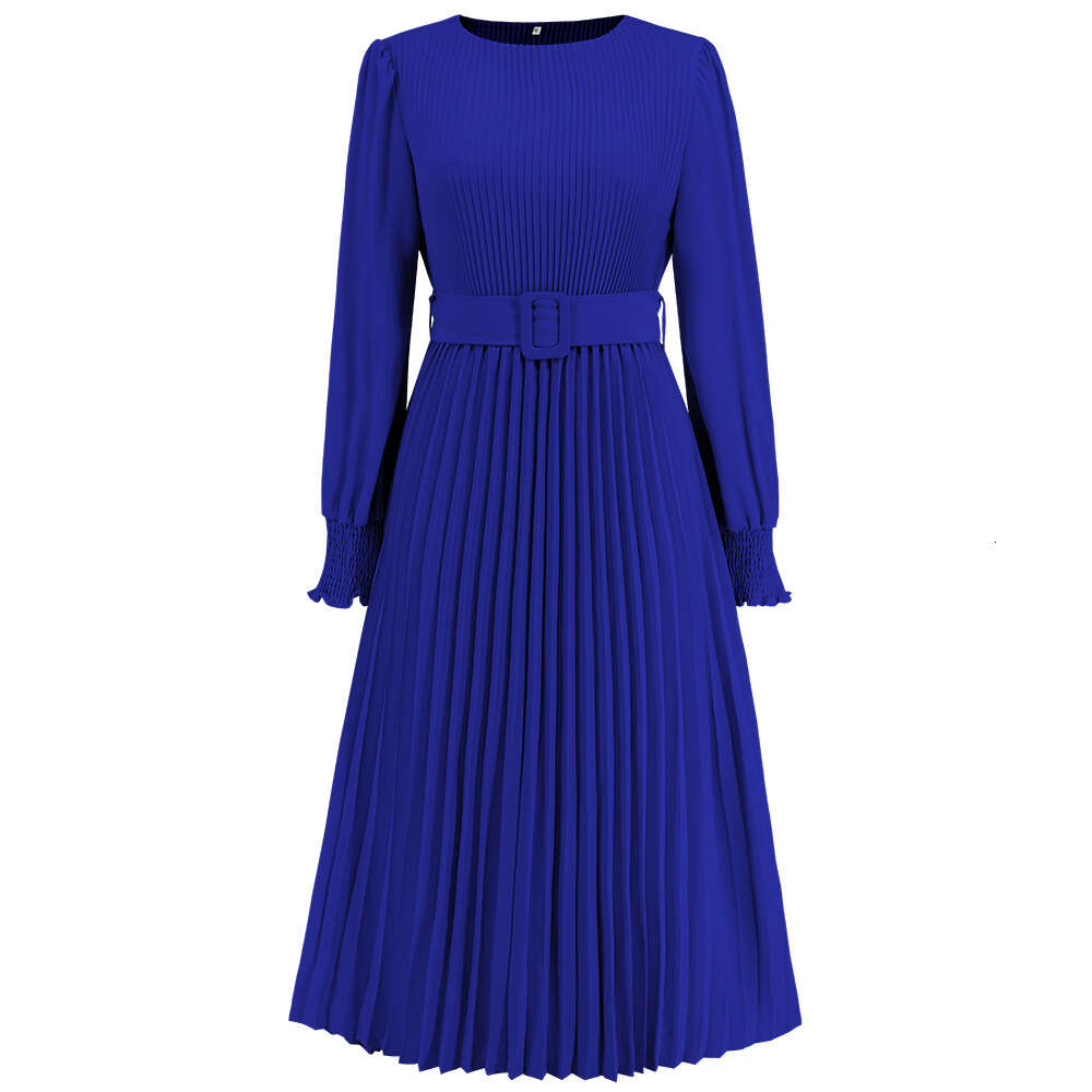 2024 Autumn/winter New Round Neck Bubble Long Sleeve Pleated A-line Skirt Mid Length Slim Fit Dress