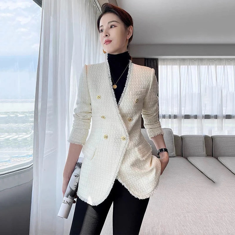 Fashion Double Breasted Tweed Blazer Coat Women French Long Sleeve White Outwear Office Lady Elegant Tassel Patchwork Jacket 240307