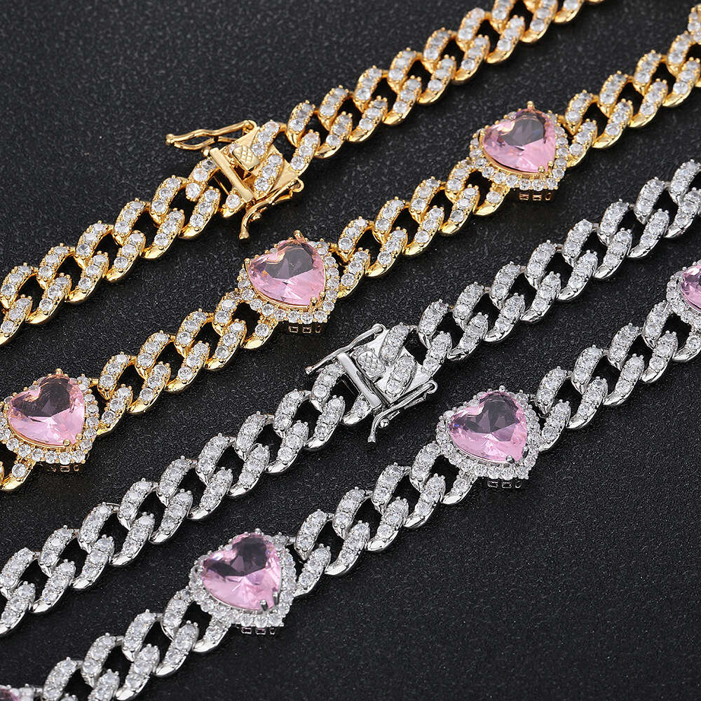 10mm Pink Zircon Jewelry for Men Hip Hop Cuban Chain Peach Heart Women's Necklace