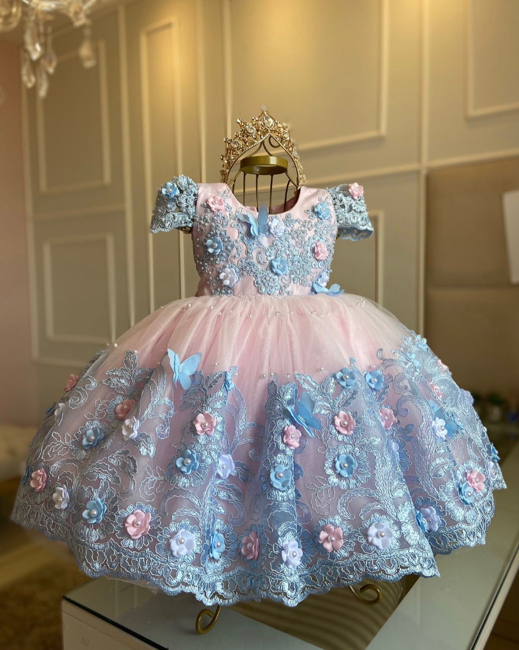 Gown Princess Ball Girls Pageant Dresses Jewel Neck Handmade 3D Flowers Butterflies Tiered Tulle Kids Prom Gowsn Birthday Party Flower Girl Dress Cust