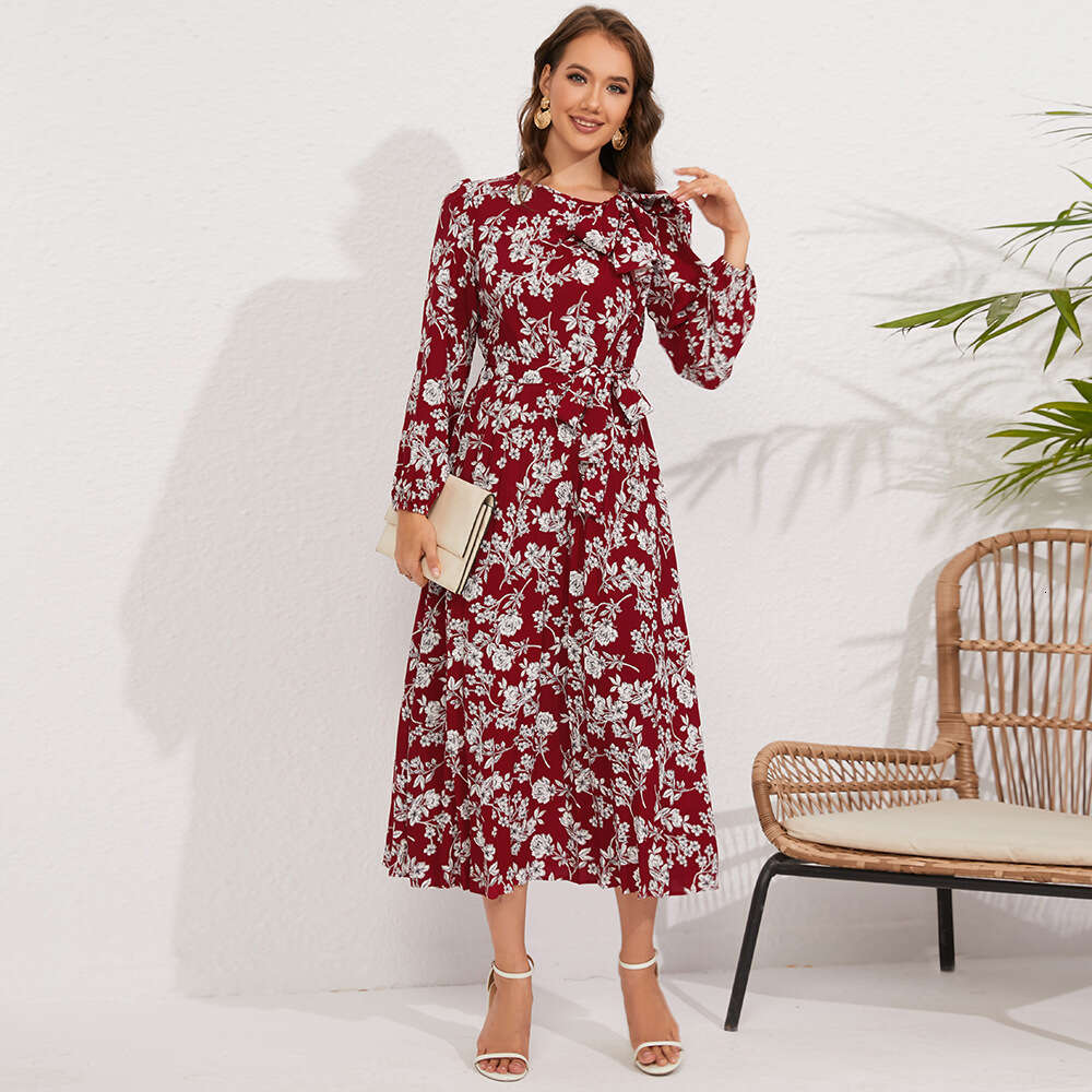 2024 Autumn New Women's Mid Length Pleated Long Sleeve Fragmented Flower Bow Tie Dress