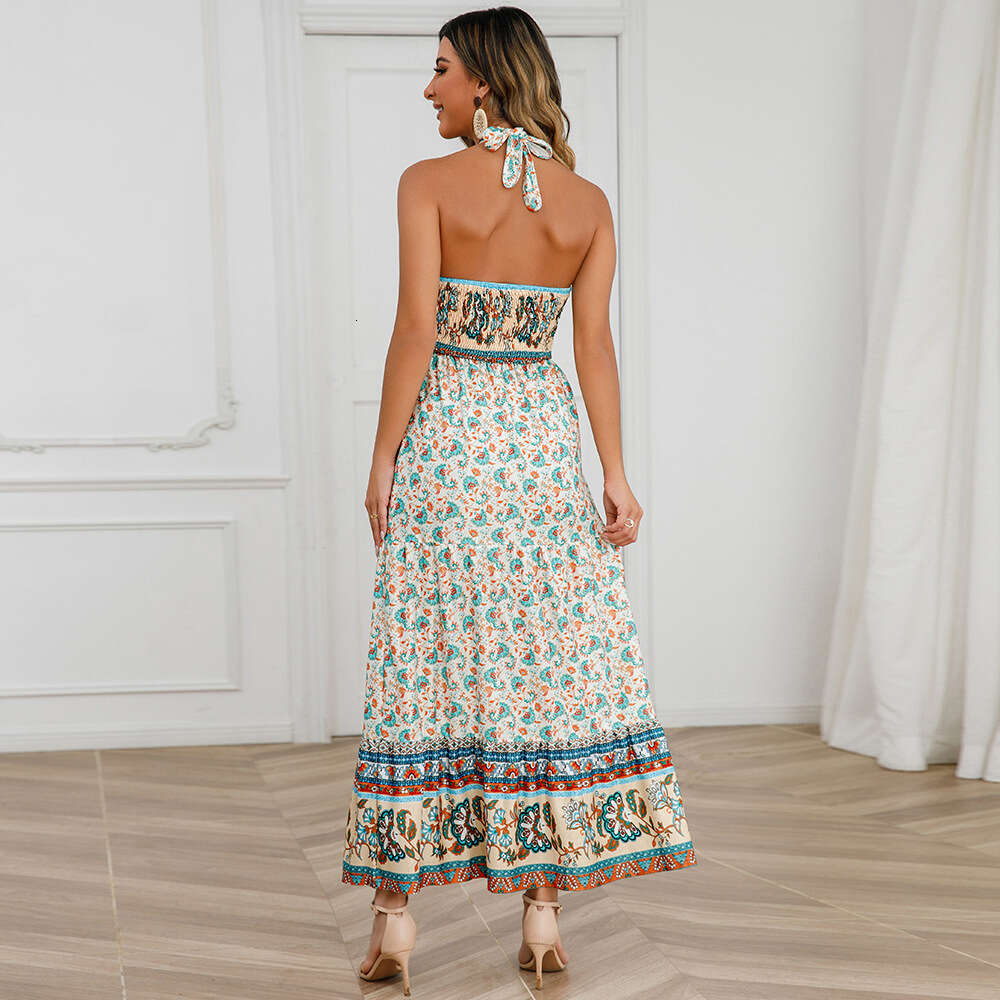 Sexy Cross Strap Hanging Neck Summer Women's New Bohemian Floral Dress