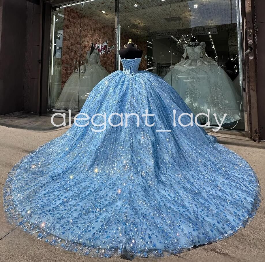 Ice Blue Sparkly Princess Quinceanera Dresses Boning Corset Pearls Beaded Gillter vestidos de 15 anos quinceaneras 2024