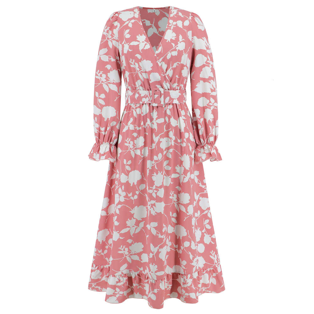 Dopamine V-neck Printed Dress with Hem and Waistband for Women in Large Size