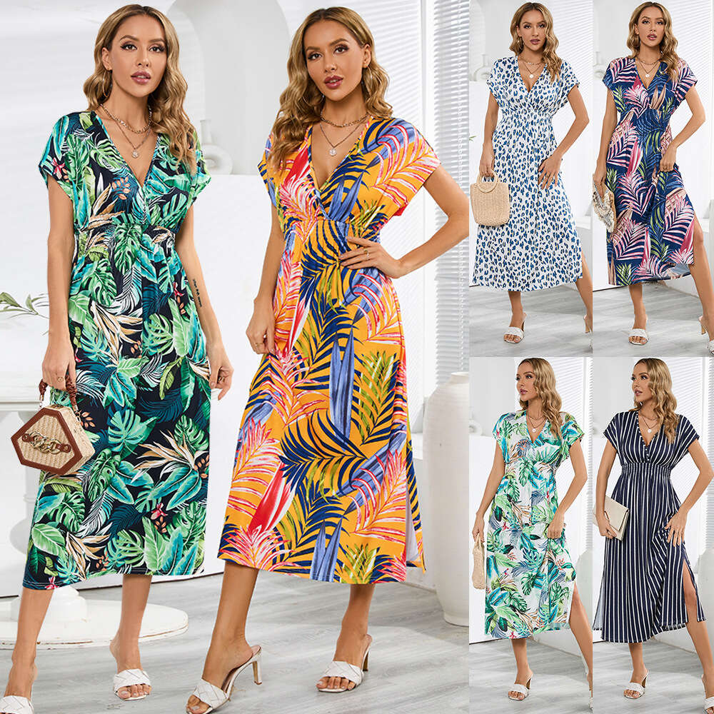 Fashionable Bat Sleeves V-neck Open Back Strap Dress Summer Women's Printed Long Skirt