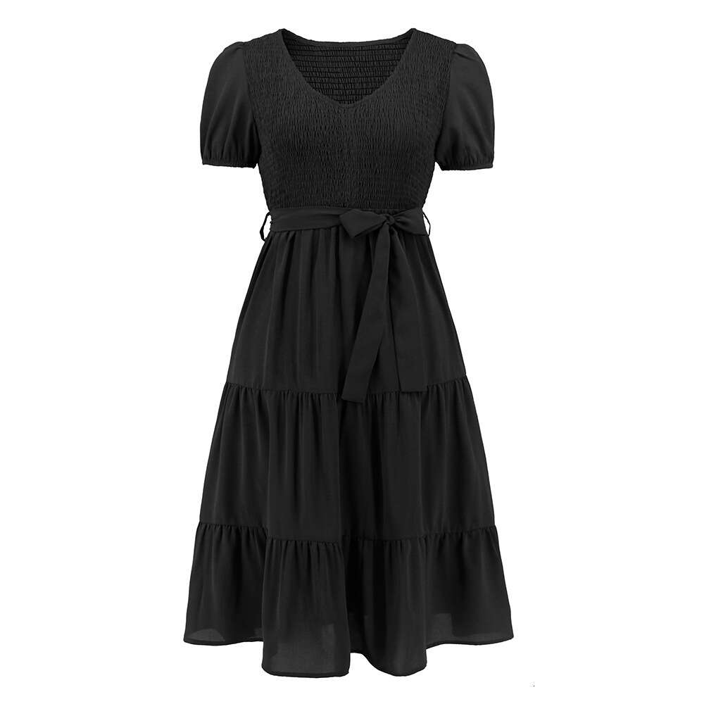 New 2024 Summer Women's Round Neck Short Sleeves Slim Fit Large Swing Combination Cake Casual Dress