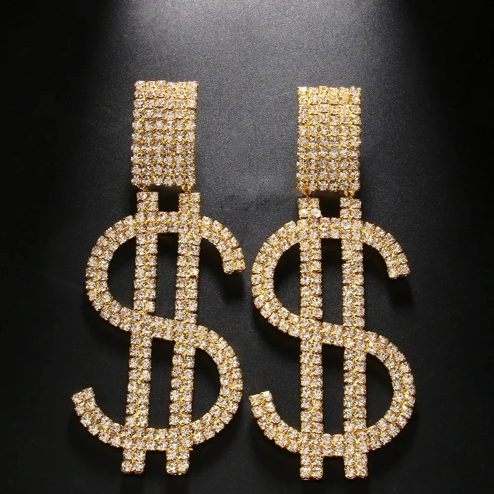 Exaggerated Oversized Dollar Sign Big Pendant Drop Earrings Rings Set for Women Crystal Money Dangle Jewelry 240305