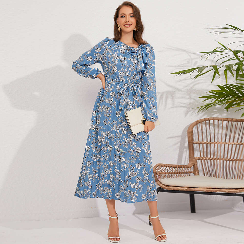 2024 Autumn New Women's Mid Length Pleated Long Sleeve Fragmented Flower Bow Tie Dress