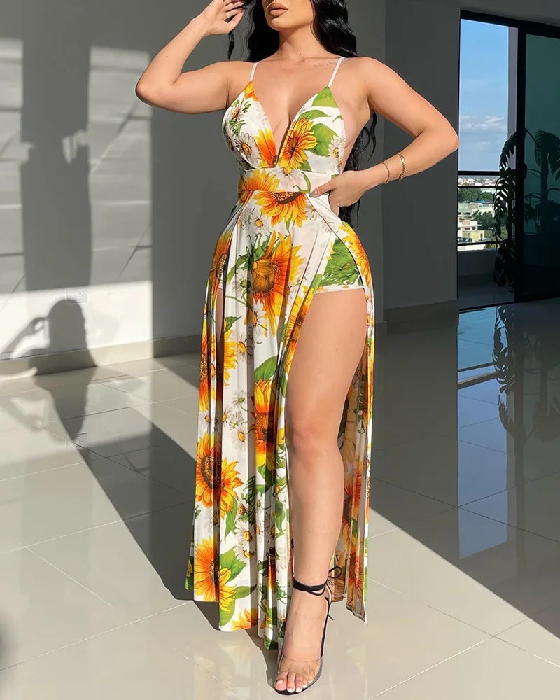 Sexy Print High Slit Cami Maxi Dress for Women Summer Fashion Vacation Clothing Womens Sunflower Spaghetti Strap Dresses 240228