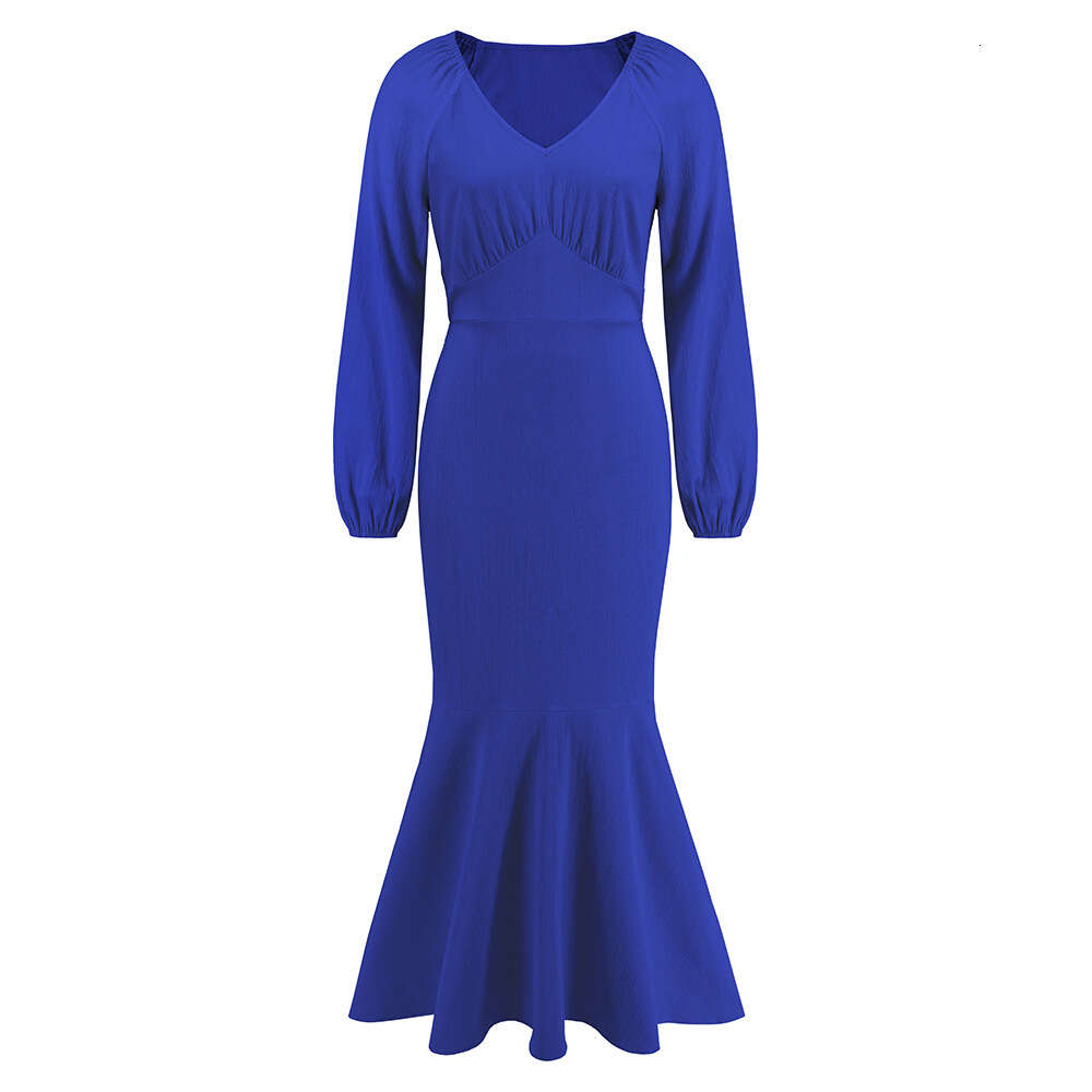Women's New V-neck Long Sleeved Fishtail Skirt with A Slim and Slimming Waistline. Long Dress in Large Size