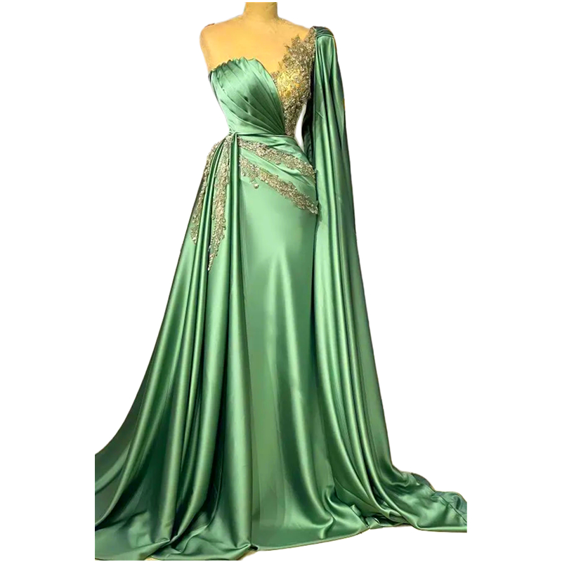 Elegant Arabic One Shoulder Formal Evening Dresses Cape Sleeve Peplum Pleats Mermaid Prom Dress For Women Beaded Appliques Satin Long Special Occasion