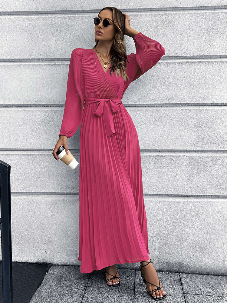 2024 Autumn/winter Women's New V-neck Long Sleeve Pleated A-line Mid Length Dress