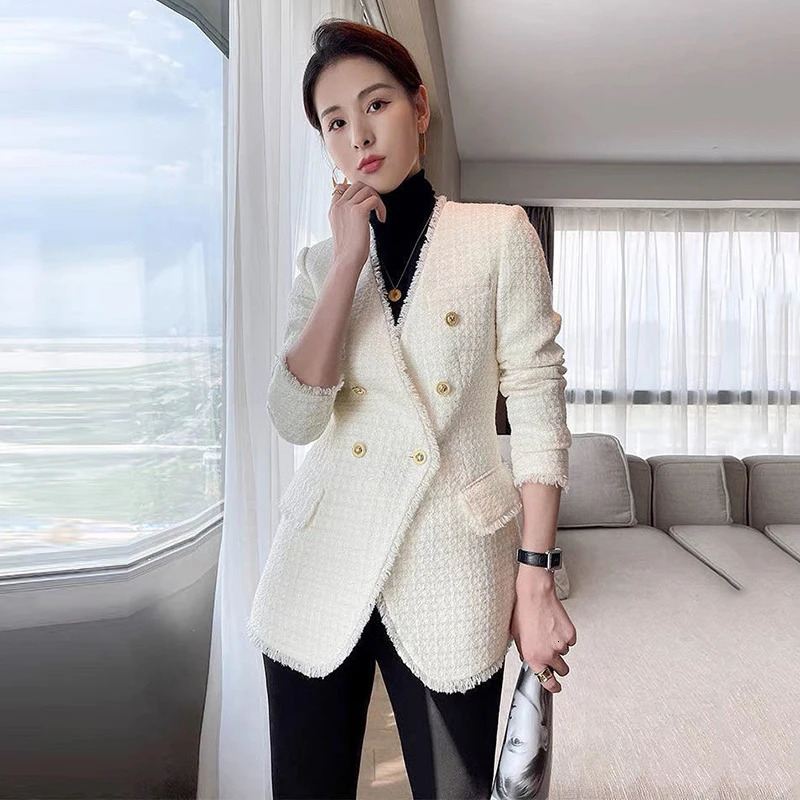 Fashion Double Breasted Tweed Blazer Coat Women French Long Sleeve White Outwear Office Lady Elegant Tassel Patchwork Jacket 240307