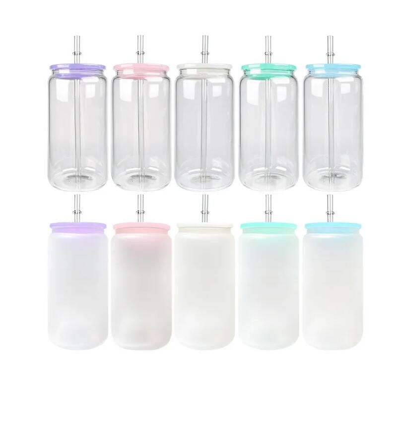 16oz Colorful Mugs Sublimation Replaceable Fits Glass Plastic Cover Beer Jar For Lids Drinking Glasses GG1108 Nslph