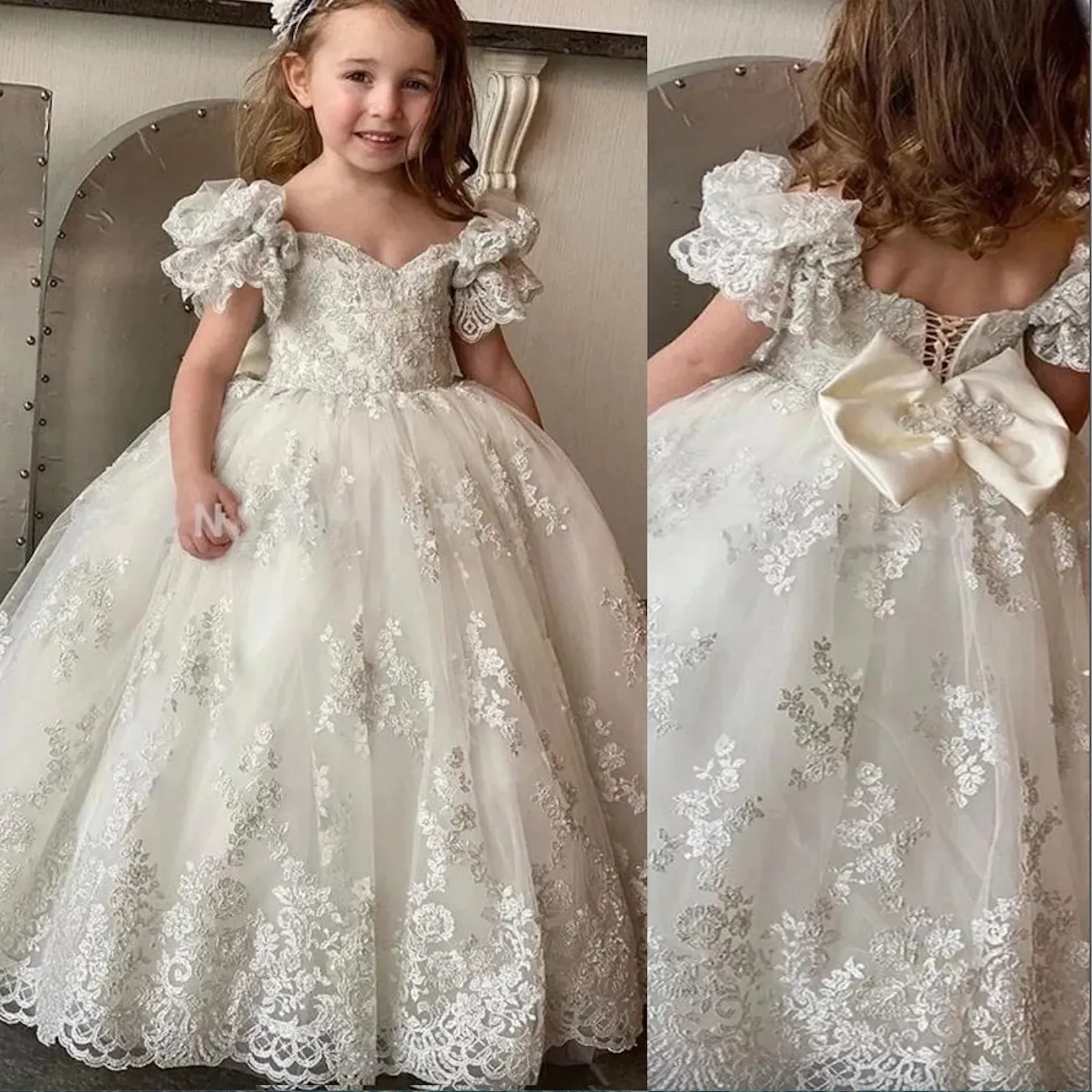 Ivory Flower Girls Dresses For Weddings Off Shoulder Sweetheart Lace Appliques Beads Bow Birthday Children Short Sleeves Girl Pageant Gowns Floor Leng
