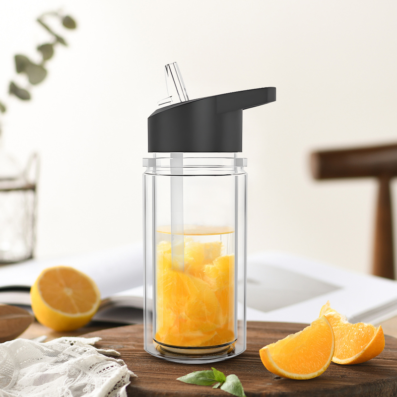 300ml Double-walled Plastic Water Cup with Handle Lid Summer Drinkware Mason Jar Juice Cup with Straw Z11