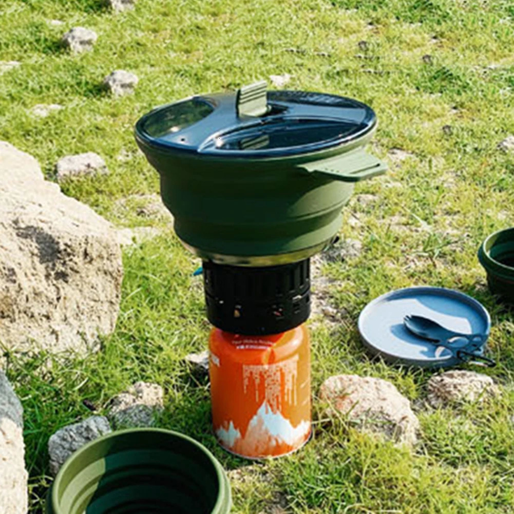 Foldable Portable Camping Cook Pot Saving Space Cookware Heat Resistant with Handle for Hiking Backpacking Tableware 240306