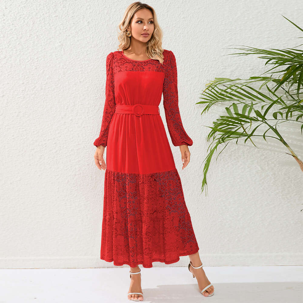 Large Size Slim Fit Temperament Sexy Skirt French Lace Perspective Mid Length Dress for Women