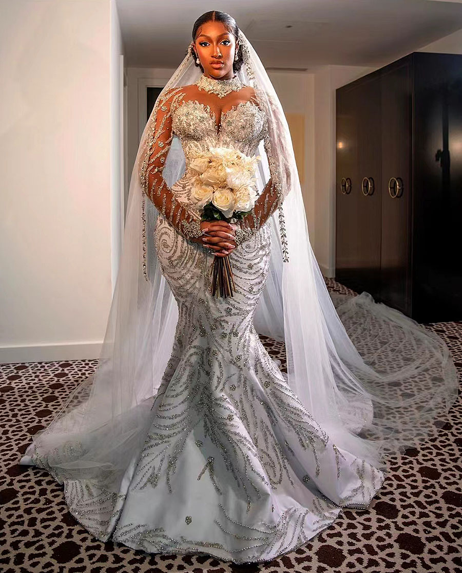 Wedding Mermaid Crystal Dress Llusion High Neck Long Sleeve Plus Size Bridal Gowns Beads Bride Dresses Robes De Mariee Es