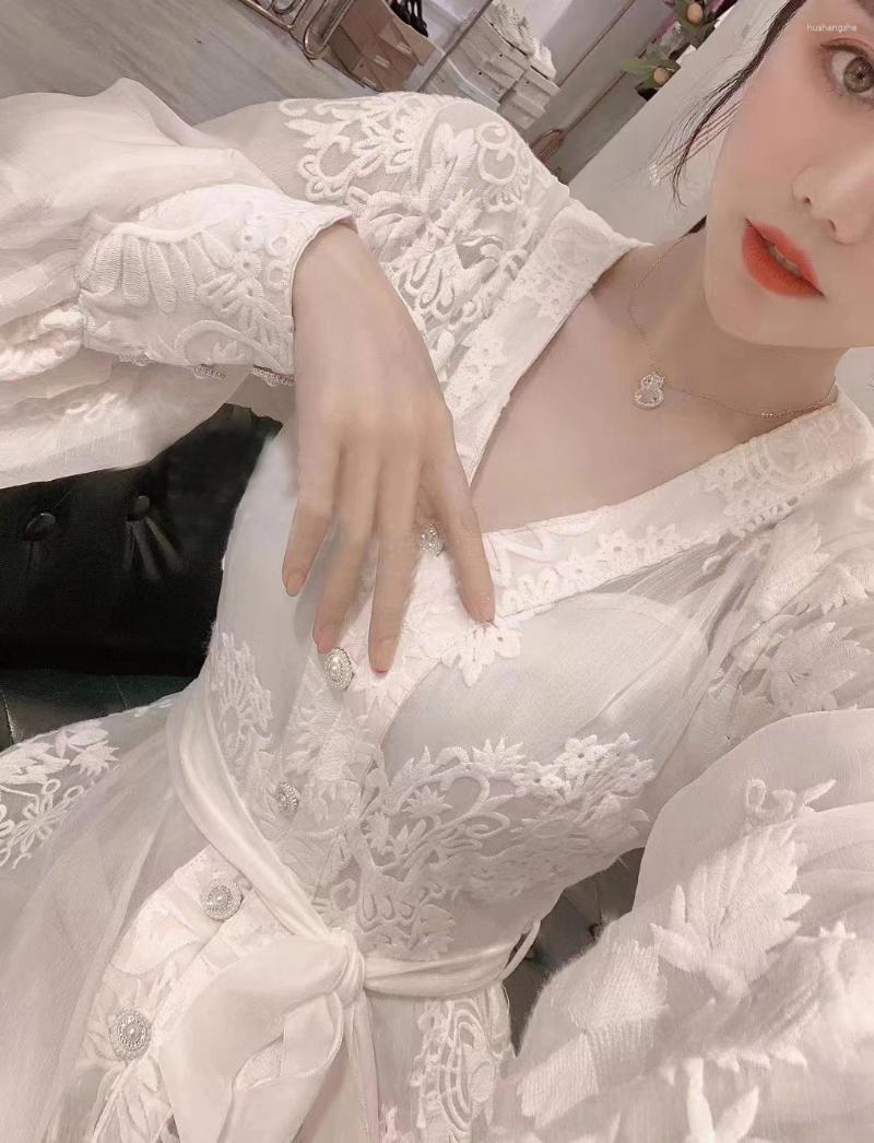 Casual Dresses Elegant High-Grade Long Lace Dress Woman 2024 Spring And Autumn White Lady Temperament Embroidery Vestidos