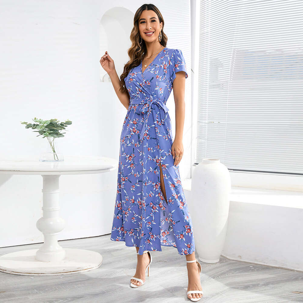 Sexy Bohemian V-neck Floral Slit Skirt 2024 Summer Women's Oversized Chiffon Dress