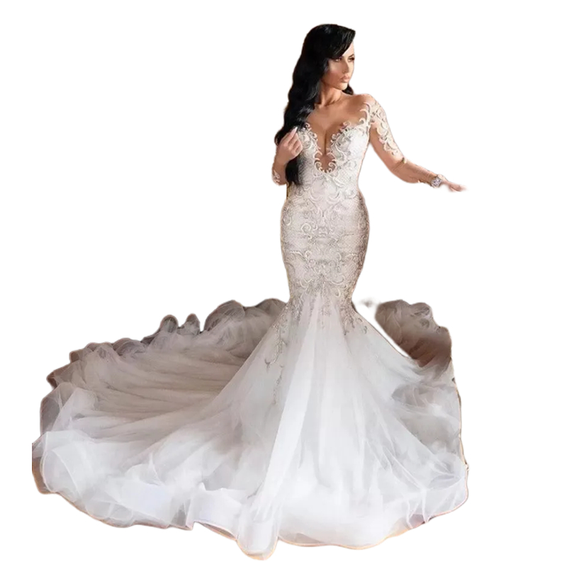 Gorgeous Mermaid Wedding Dresses Long Sleeves Beaded Lace Appliques Luxury Bridal Gowns Sexy Illusion Back Court Train Ivory Bride Dress 2024