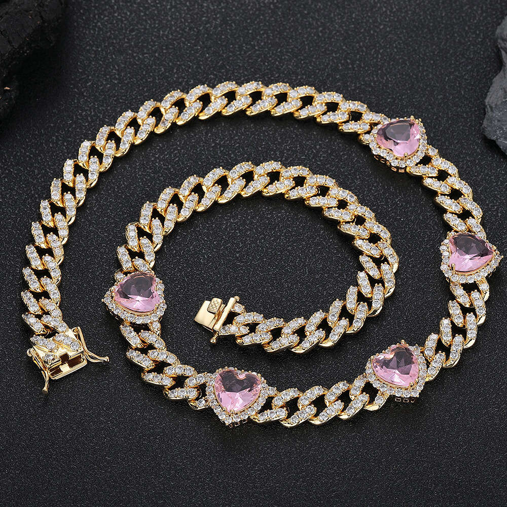 10mm Pink Zircon Jewelry for Men Hip Hop Cuban Chain Peach Heart Women's Necklace