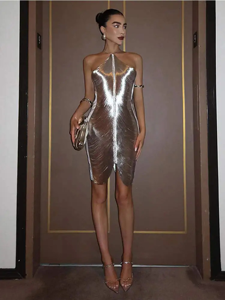 Elegant Silver Off Shoulder Backless Mini Dress Women Sleeveless Slim Fit Short Dresses Fashion Lady Party Prom Vestido 240311