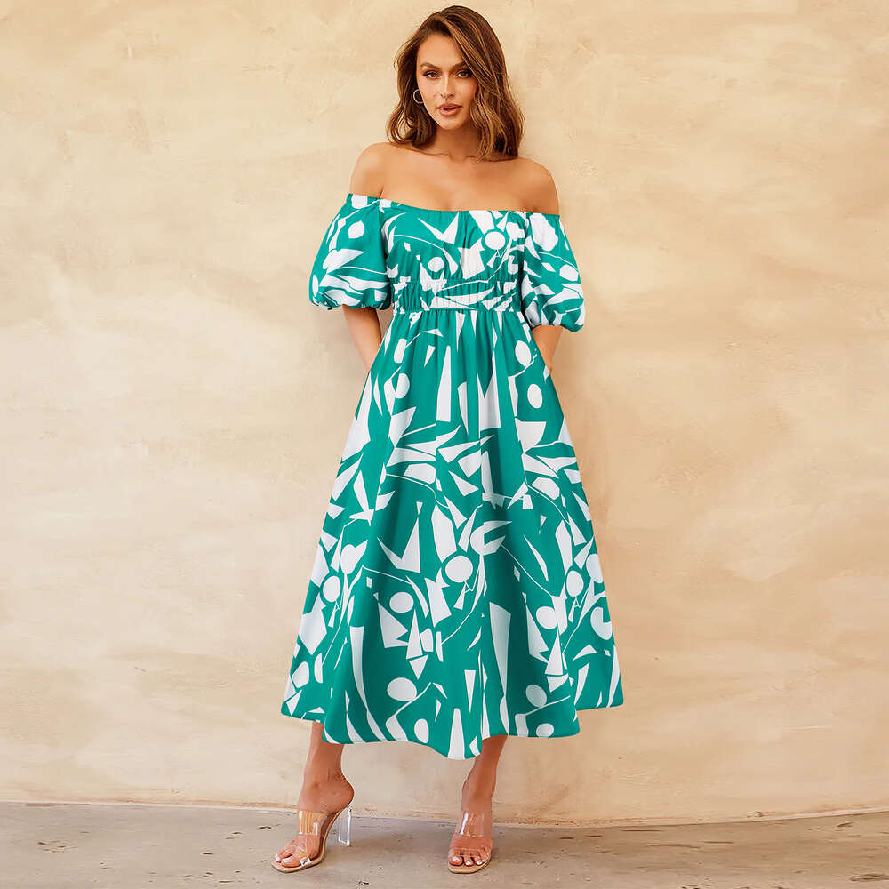 Sexy One Line Neck Bubble Sleeves Printed Skirt Casual Fashion Flare Elegant Dress