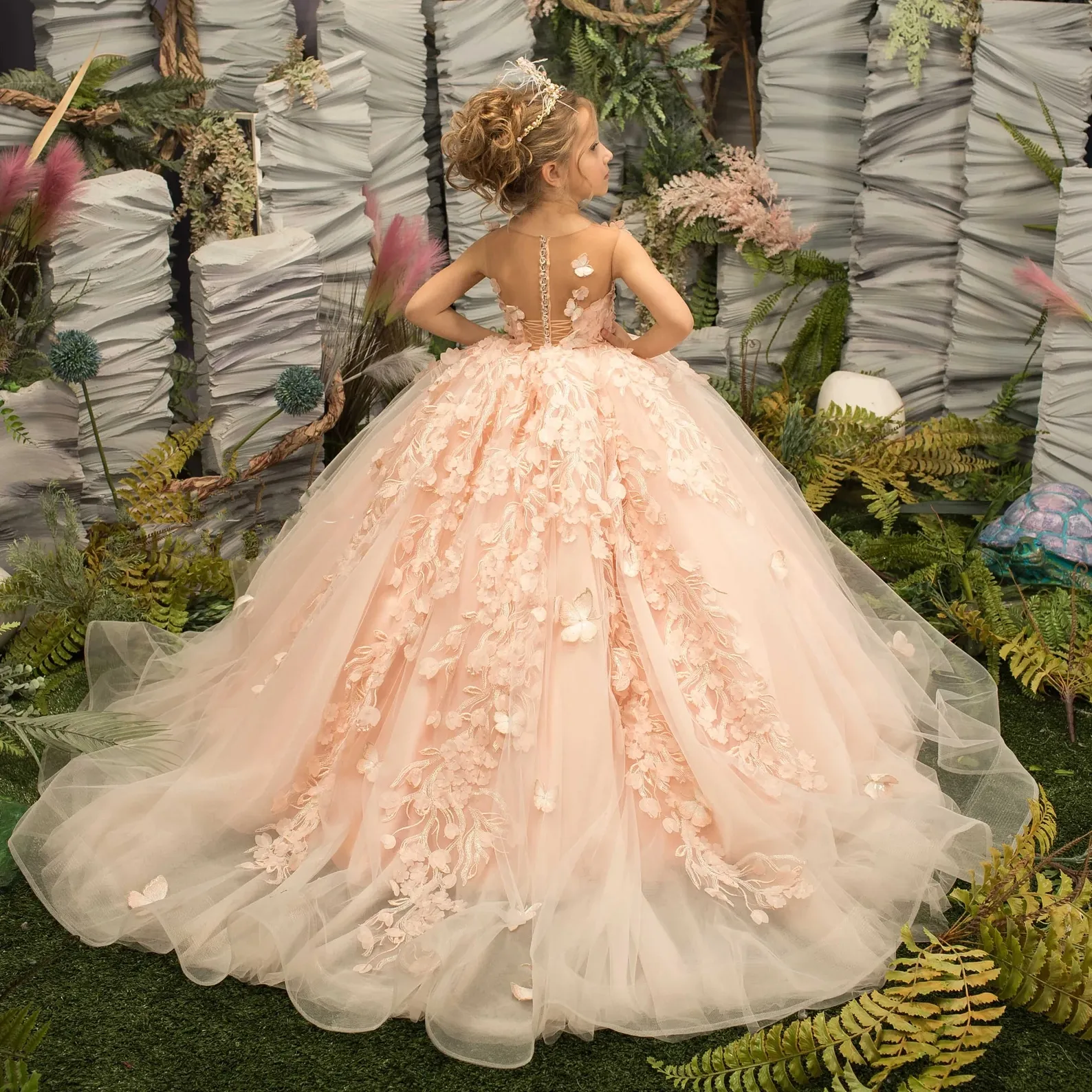 Peach Wer Girl Dress Lilac Ivory Tulle Lace Ballgown First Communion Gown Little Kid Infant Toddler Christening Baptism Junior Bridesmaid Wedding Gues