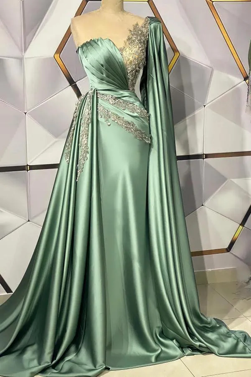 Elegant Arabic One Shoulder Formal Evening Dresses Cape Sleeve Peplum Pleats Mermaid Prom Dress For Women Beaded Appliques Satin Long Special Occasion