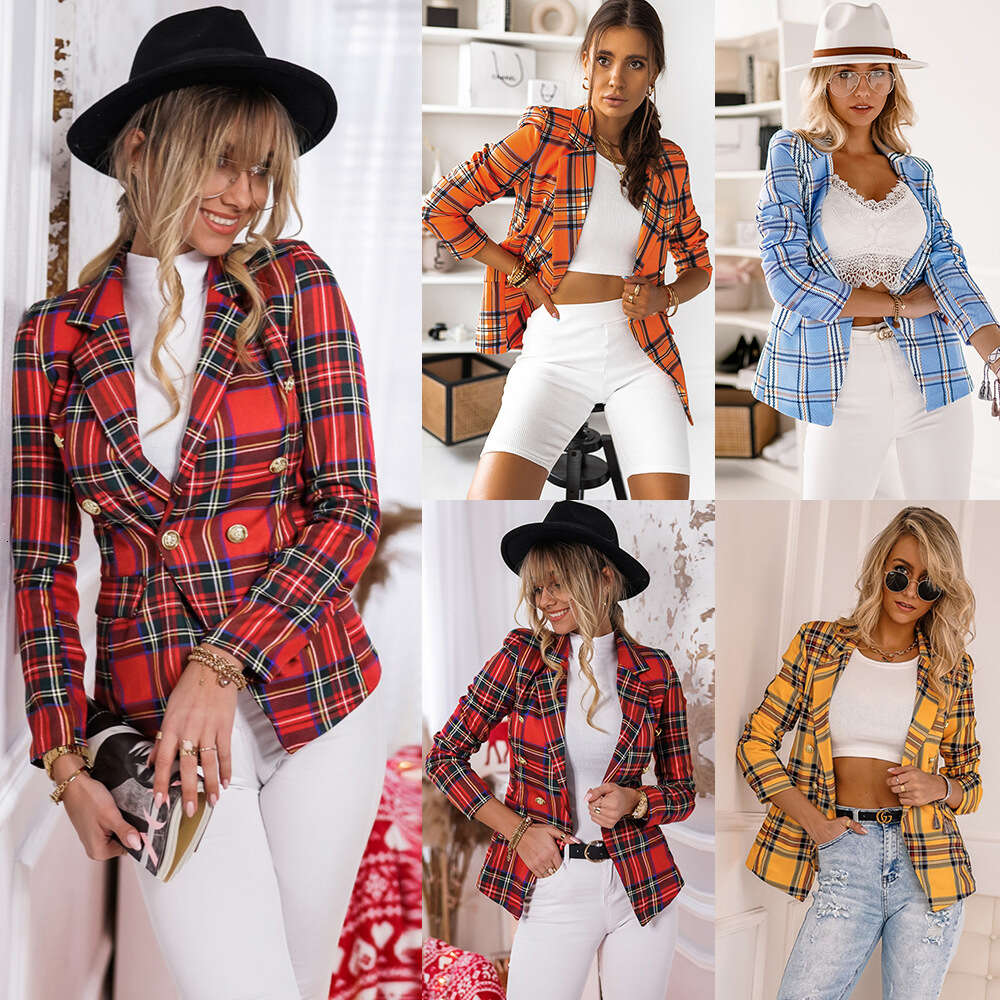 Checkered Casual Small Jacket Autumn and Winter Temperament Slim Fitting Short Professional Women's Suit Large Size