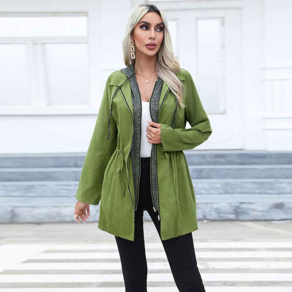 Women's Casual Waistband Double Zipper Contrasting with Medium Length Long Sleeved Hooded Trench Coat is Popular