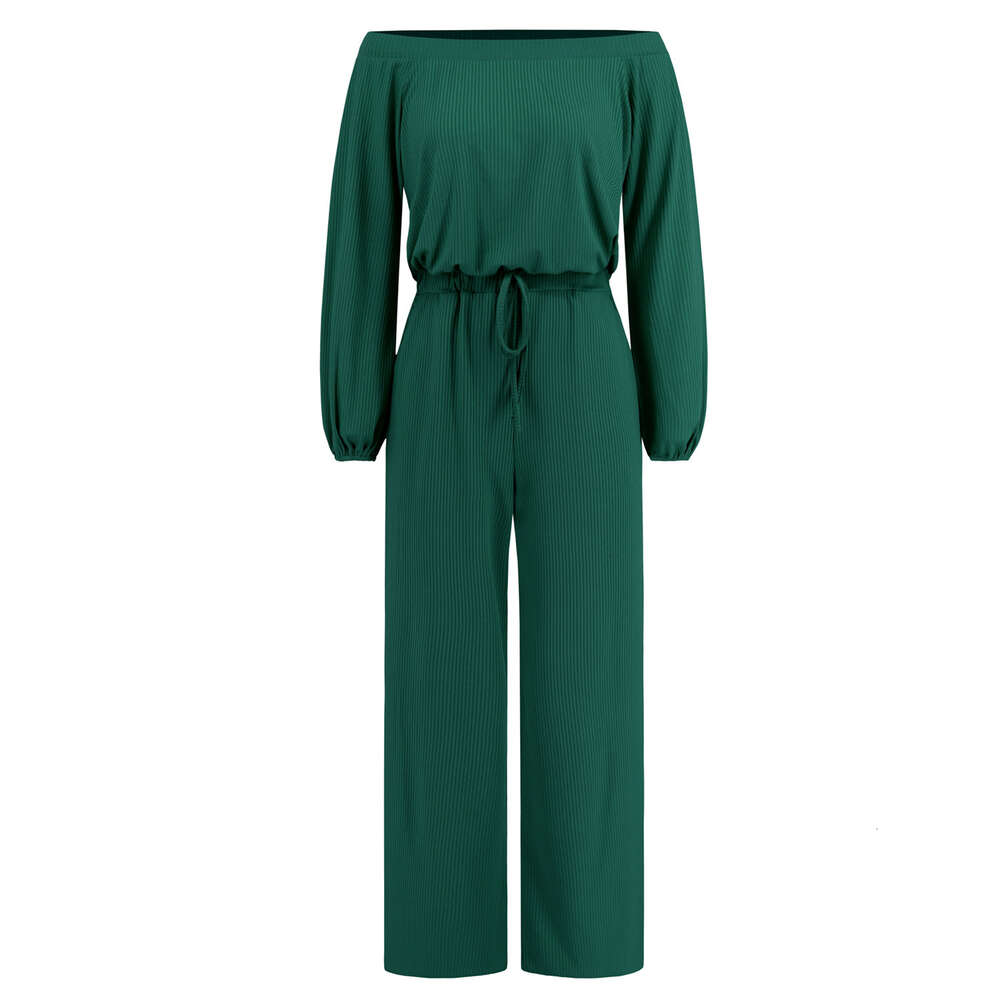 Women's 2024 New Casual Off Shoulder Long Sleeve Fit Waist Jumpsuit Lace Up Wide Leg Pants