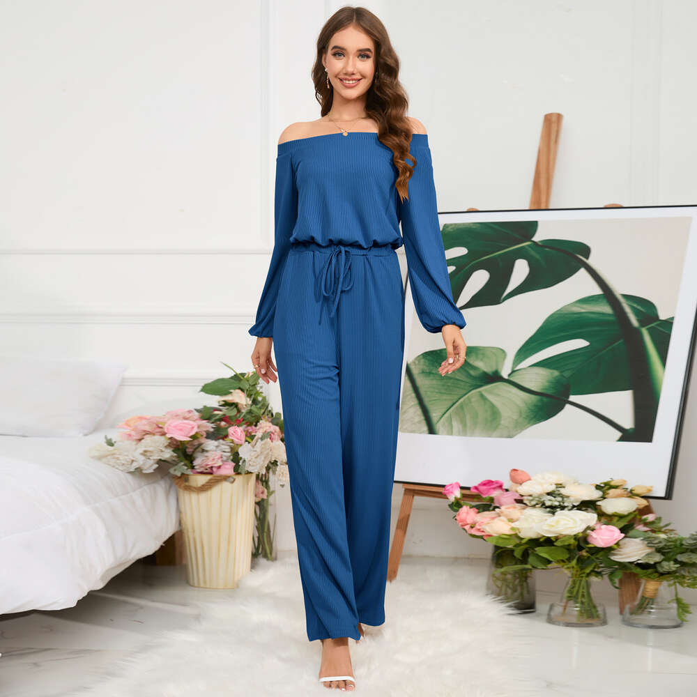 Women's 2024 New Casual Off Shoulder Long Sleeve Fit Waist Jumpsuit Lace Up Wide Leg Pants