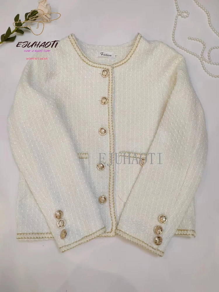 Womens Jacket Small Fragrance Coat Autumn Winter Korean Fashion Off White French Short Style Tweed Tops 240307