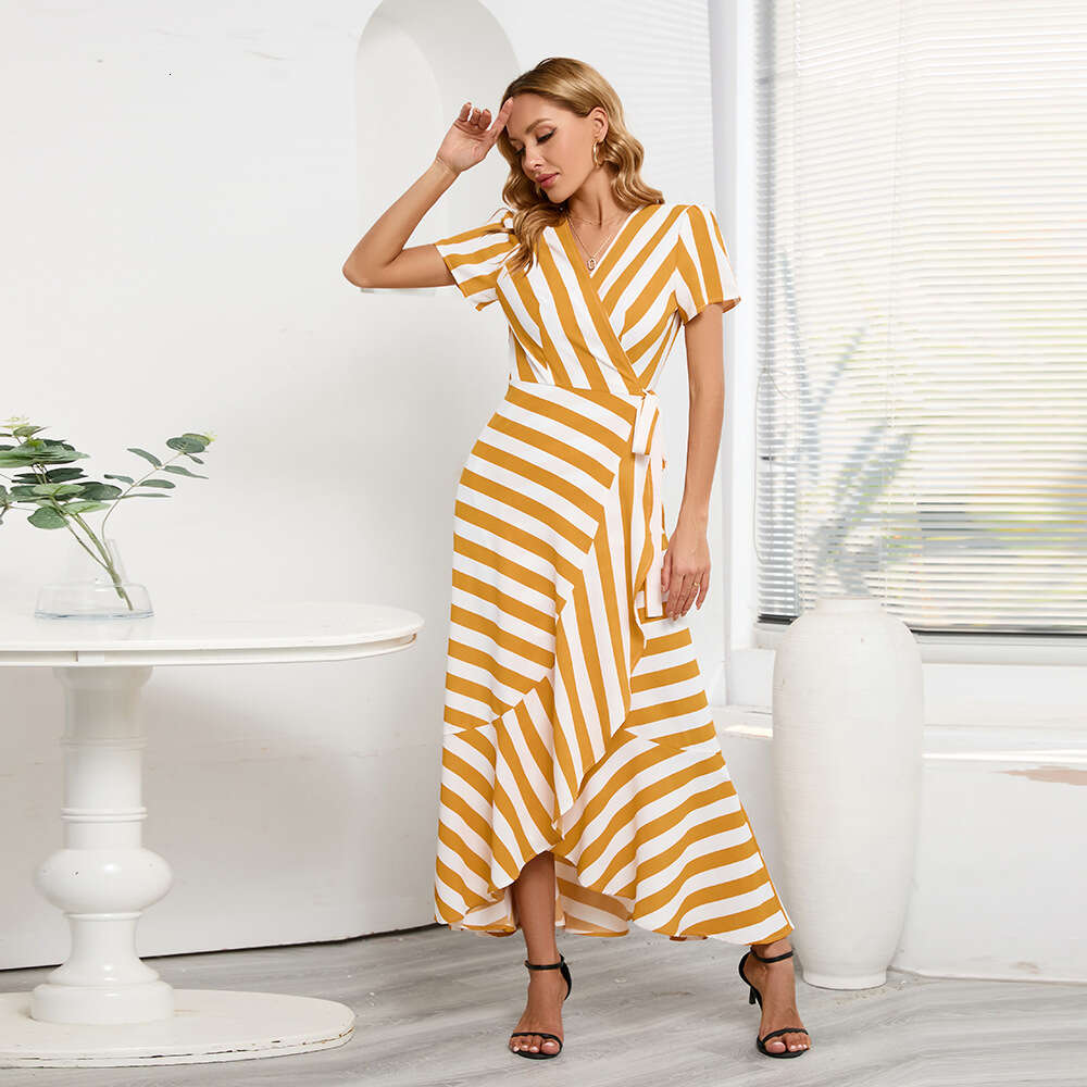 Fashion Slim Fit Temperament Stripe Swing 2024 Summer Women's Large Irregular Dress