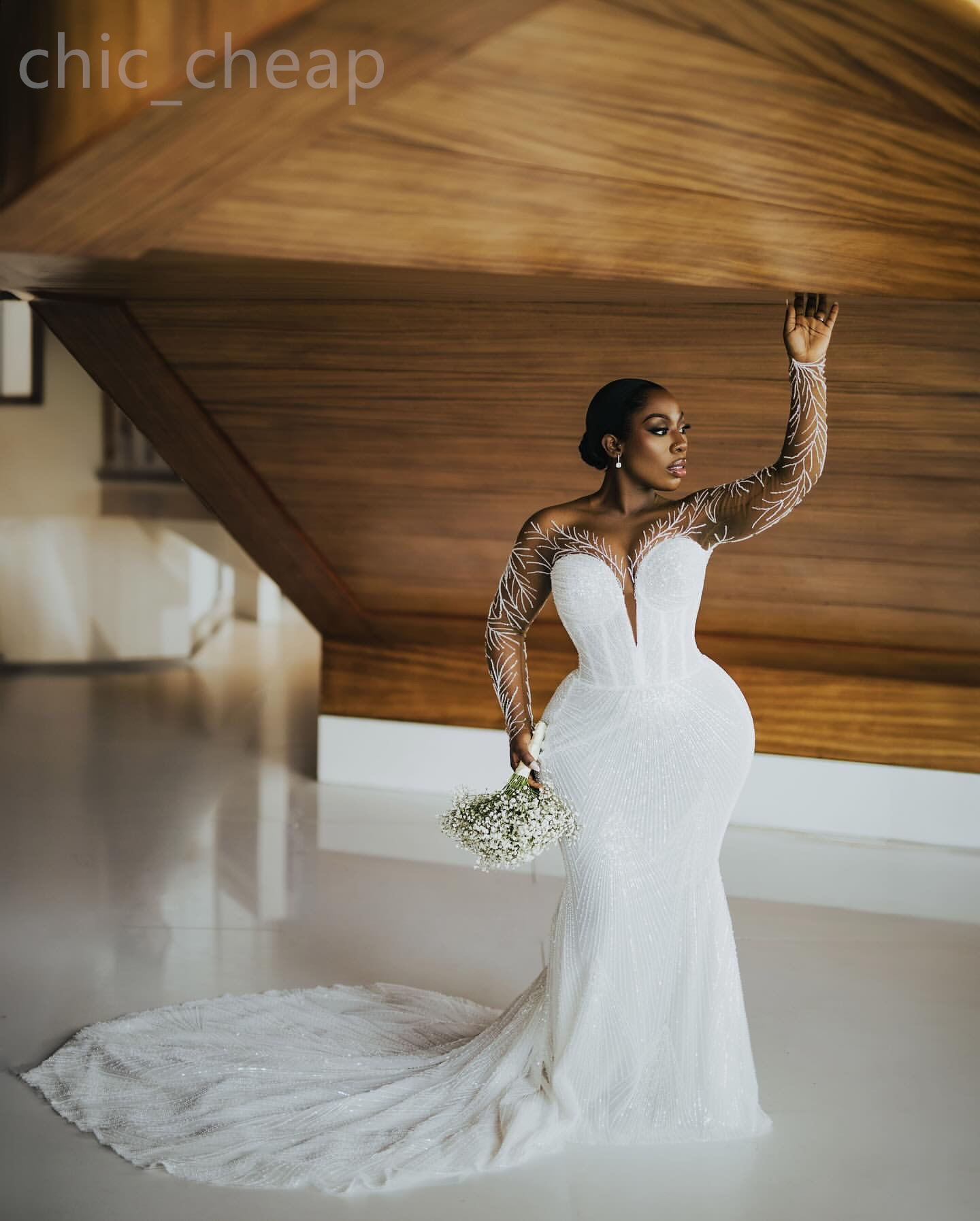2024 Arabic Aso Ebi Plus Size White Mermaid Beaded Wedding Dress Sequined Lace Sheer Neck Bridal Gowns Dresses ZJ202