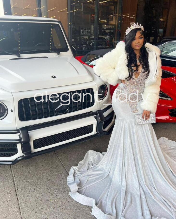 Silver Diamond Sparkly Mermaid Prom Formal Dresses for Black Girl 2024 Giller Crystal Hot Birthday Evening Gala Gown