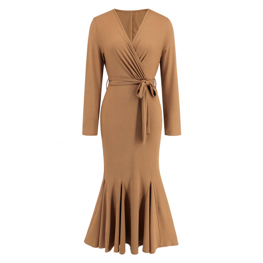 Women's V-neck Sleeve Slim Fit Style Fishtail Knitted Long Dress Large